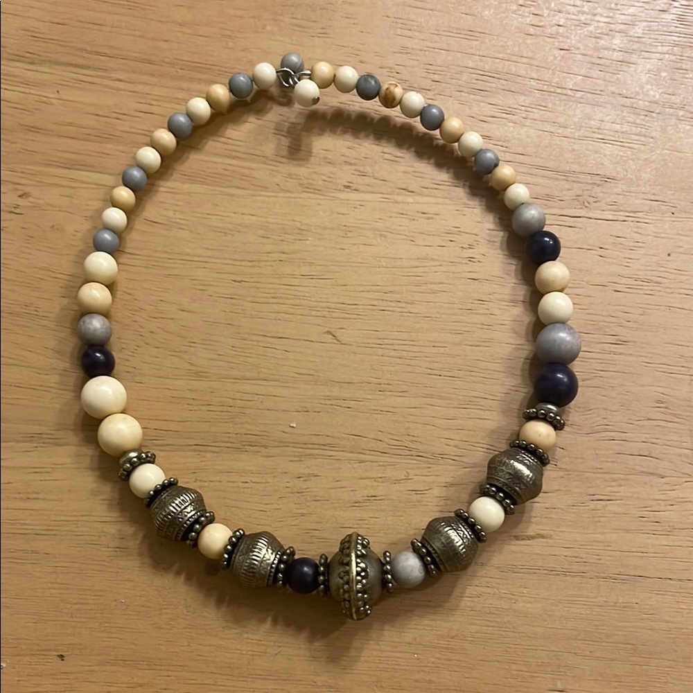 Beaded Choker Necklace in Cream Gray and Silver 15 inch, One Size